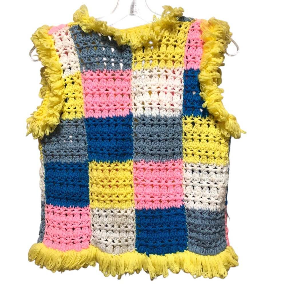 Vintage Handmade Crochet Granny Vest Yellow, Blue, Pink,Gray,White 16”X20”Large - Picture 2 of 9